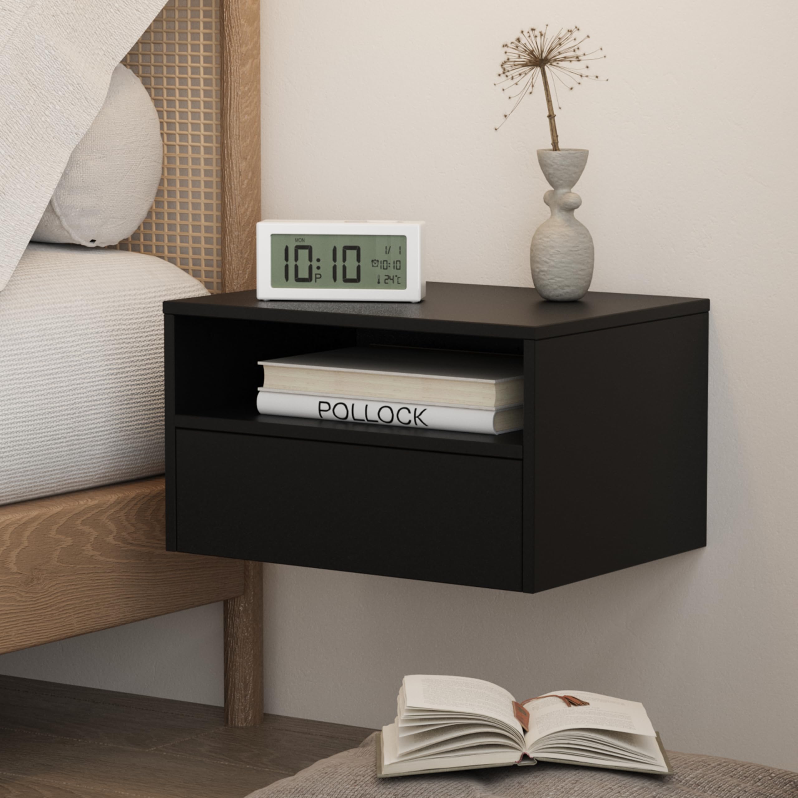 JERX Floating Bedside Table, Wall Mounted Nightstand with Storage Drawer and Open Shelf Modern Wooden Bedside Table for Bedroom,Black — image 1