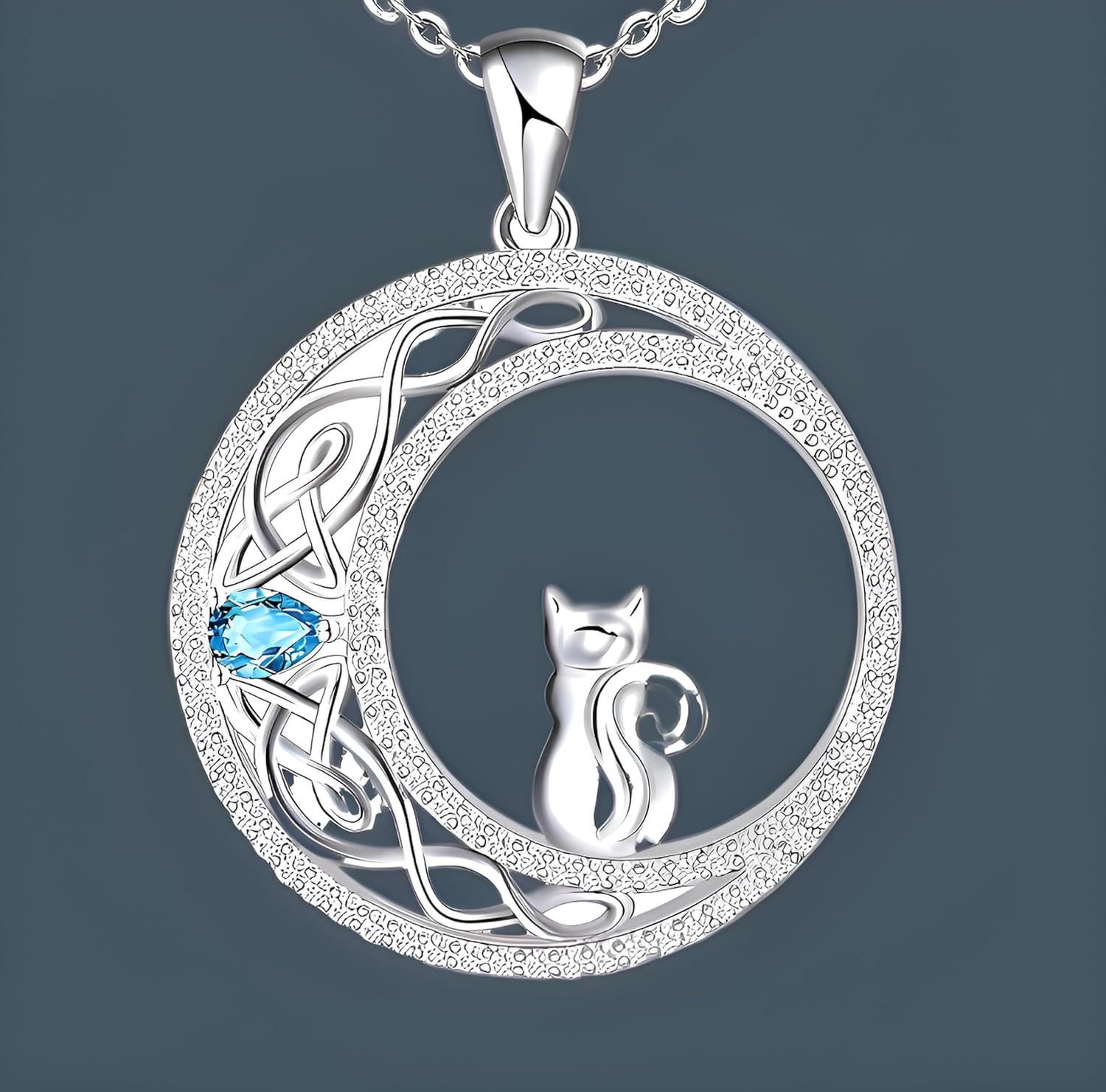 Stainless Steel Cat Moon Heart Star Flower Necklace with Crystal Pendant, 8 Designs - Cute Heart Necklace, With Black Cats, Charming in Rose Gold - Stylish Gift for Women & Party Accessory (Cat w/blue gemstone)