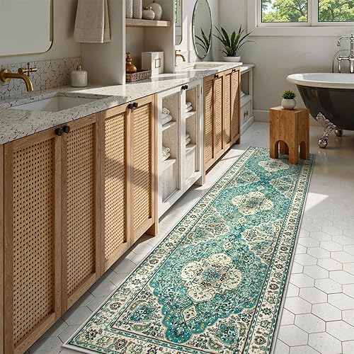 Miniatura 468 de Lahome Tapete tribal bohemio, pequeño, suave, antideslizante, lavable, de pelo corto, para piso en puerta, interior, entrada, baño, silla, Verde