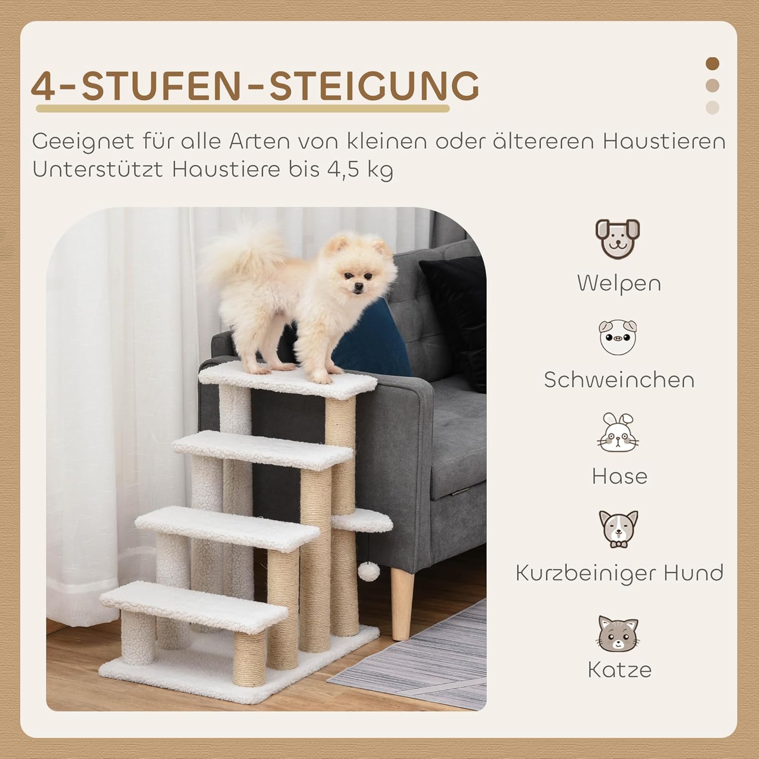 PawHut Pet Stairs with Scratching Post Ball 4-Step Cat Stairs Dog Stairs Particle Board Plush Jute White 60 x 40 x 64 cm