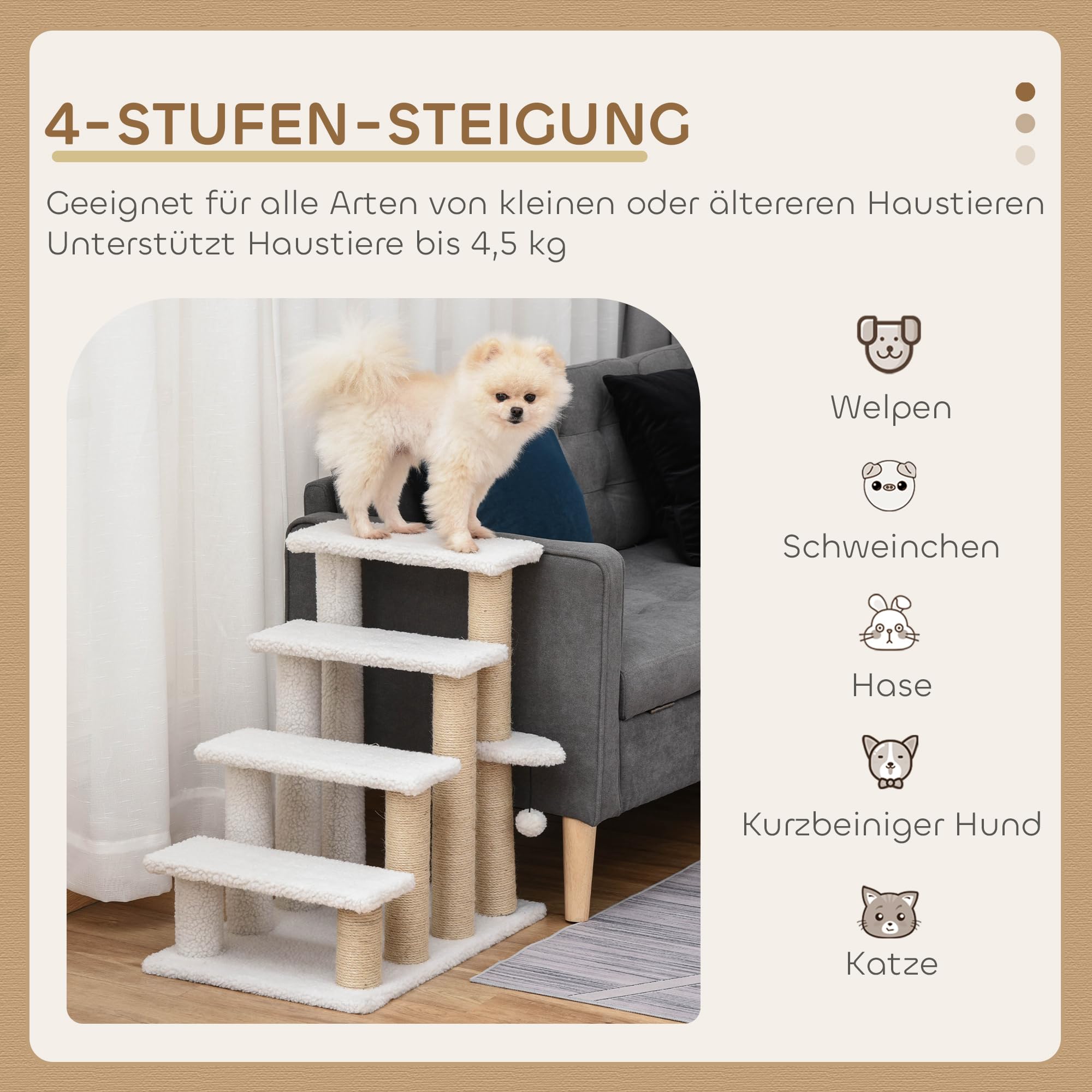 PawHut Paws huisdierentrap met bal 4-trede 60 x 40 x 64 cm