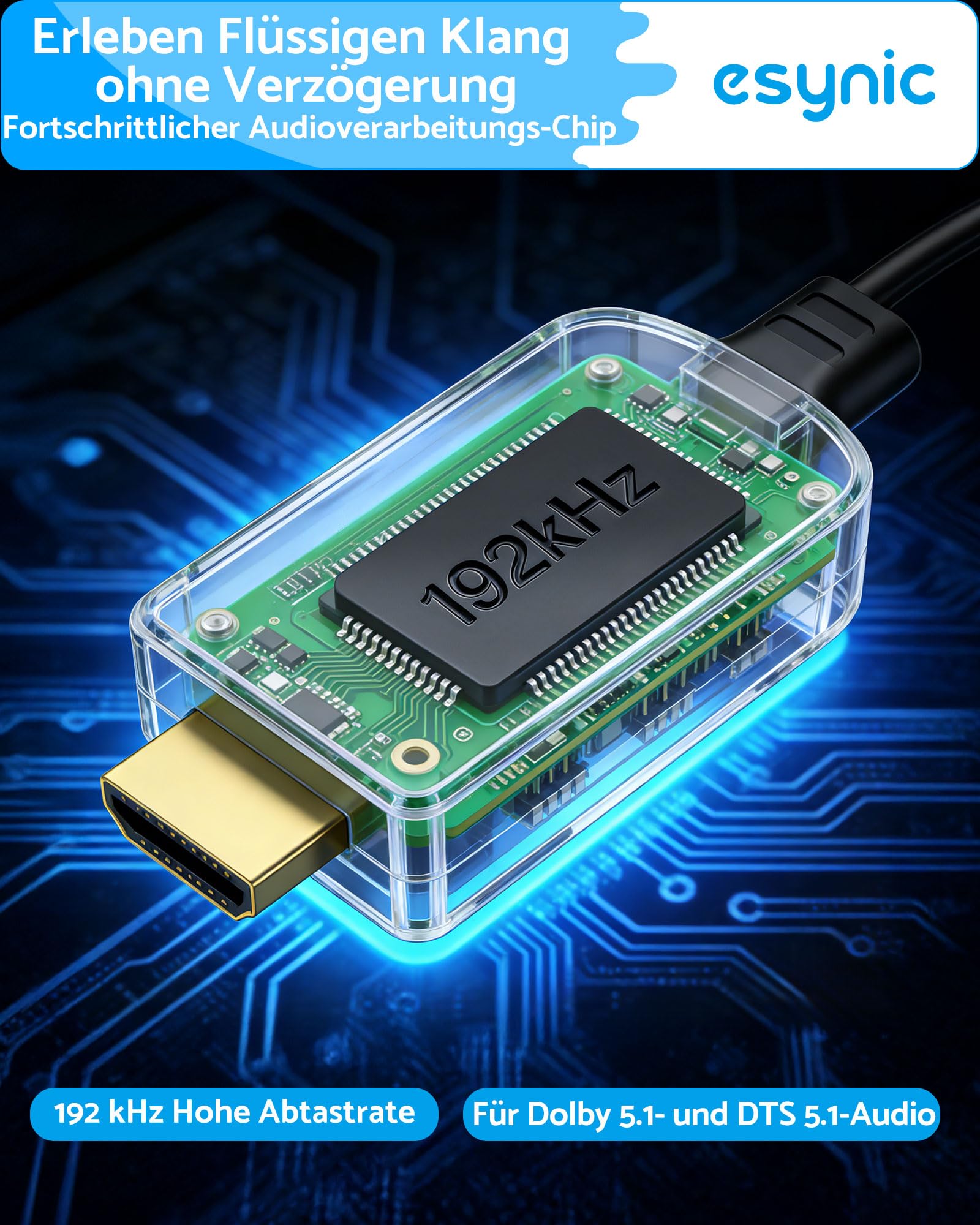 eSynic eARC/ARC zu Optisch Audio Kabel 1,5 m All-in-One HDMI ARC Adapter mit integriertem Audio Extractor 192 kHz/24 Bit Dolby Digital & DTS 5.1 Plug & Play für TV zu Soundbar Heimkino Funkkopfhörer