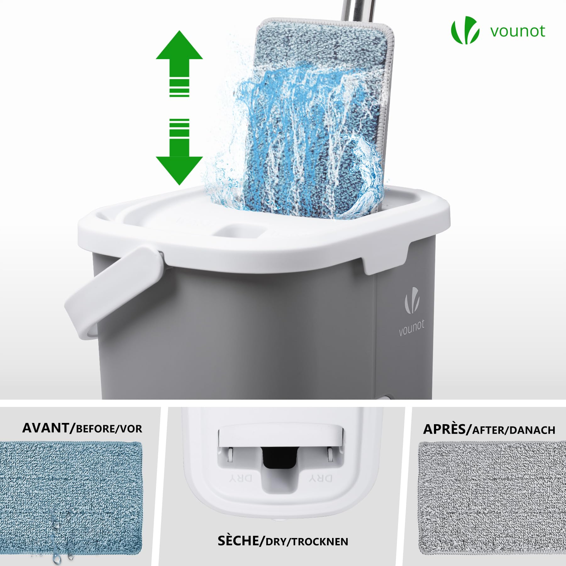 VOUNOT Wischmopp Set mit Eimer, Bodenwischer zum Auswringfunktion, Flacher Mikrofaser & Putzset mit Edelstahlgriff, 6 Wiederverwendbare Wischmop Ersatzbezüge, alle Arten von Böden Grau