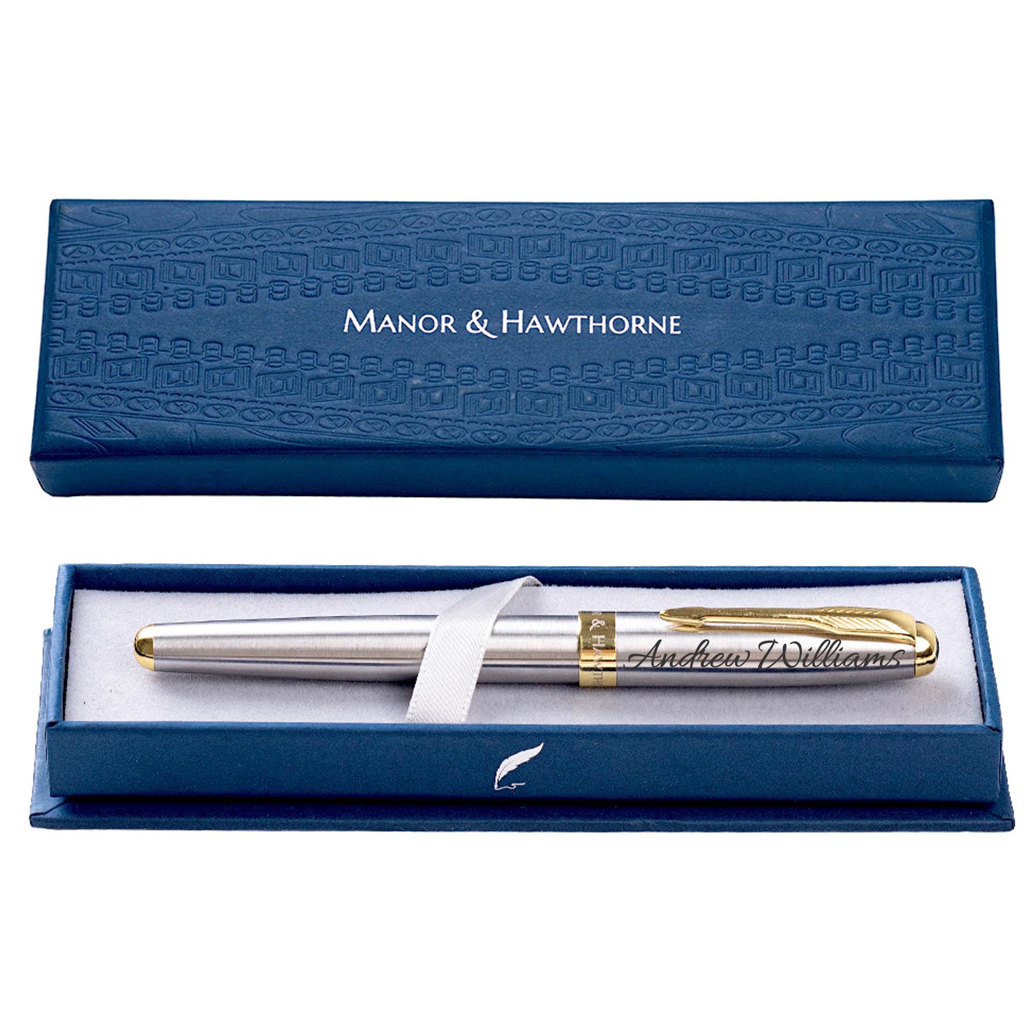 Manor & Hawthorne Luxury Rollerball Pen with Gold Trim in Premium Box | Smooth Writing Experience | Love Gift for Graduations, Business, Birthdays, and Special Occasions - Custom Engraving, Silver