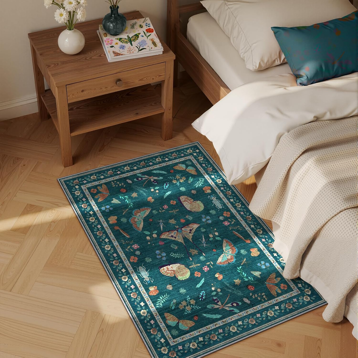 2x3 Entryway Rug with Insect Print - Indoor Non-Slip Small Bug Rug for Front Door, Low Pile Machine Washable Throw Carpet for Entryway, Kids Nursery, Bedroom, Kitchen, Laundry, Bathroom (2'x3' Teal)