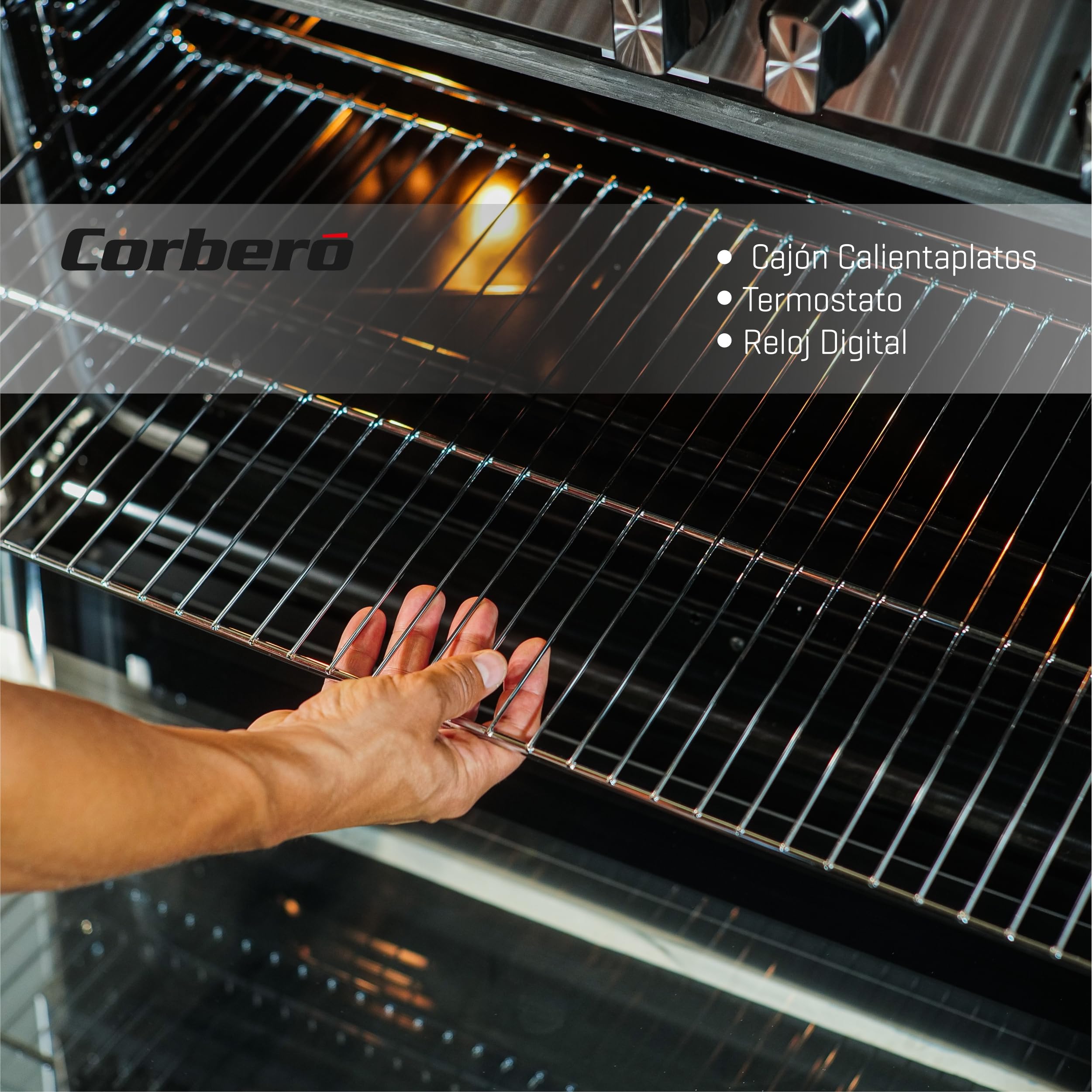 Corberó - Cocina de Gas Butano | CC900X | Horno 96L Panorámico | 5 Fuegos con Opción Wok | Autoencendido Integrado | Fácil Limpieza | Sin Tapa | Inox