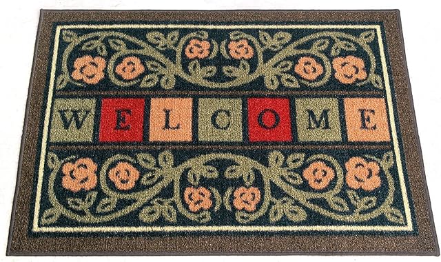 Ottomanson Rubber Back Doormat Collection, Floral Tile Design, "Welcome" Text, 51 cm x 76 cm, Multicolor