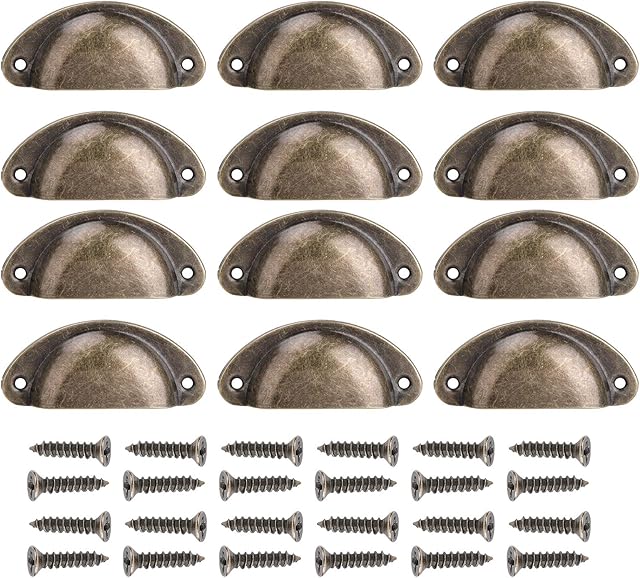 12Pcs Door Drawer Cabinet Iron Shell Cup Semicircle Handle with Screws, Vintage Drawer Handle Antique Brass Cabinet Knob Kitchen Cupboard Door Furniture Half Moon Metal Pull Knob (Bronze)
