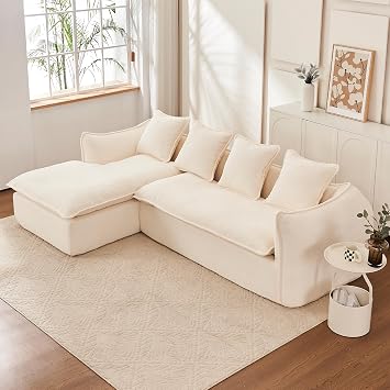 Modern L Shape Cloud Sofa Couch, 106.3" Comfy Chenille Sectional Sofa, Deep Seat Modular Sofas with Sleeper Chaise for Living Room, No Assembly Required, Beige