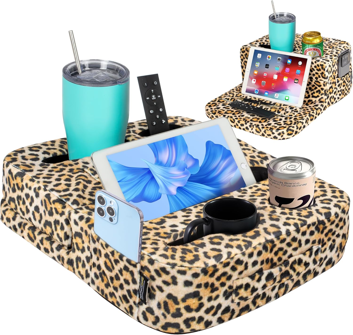 Couch Cup Holder Tray Pillow - Bed, Couch Caddy, Sofa, RV & Car - Holds Drinks, Snacks, Remotes, Phones, Kindle, Tablet | Bed Cup Holder (Leopard)