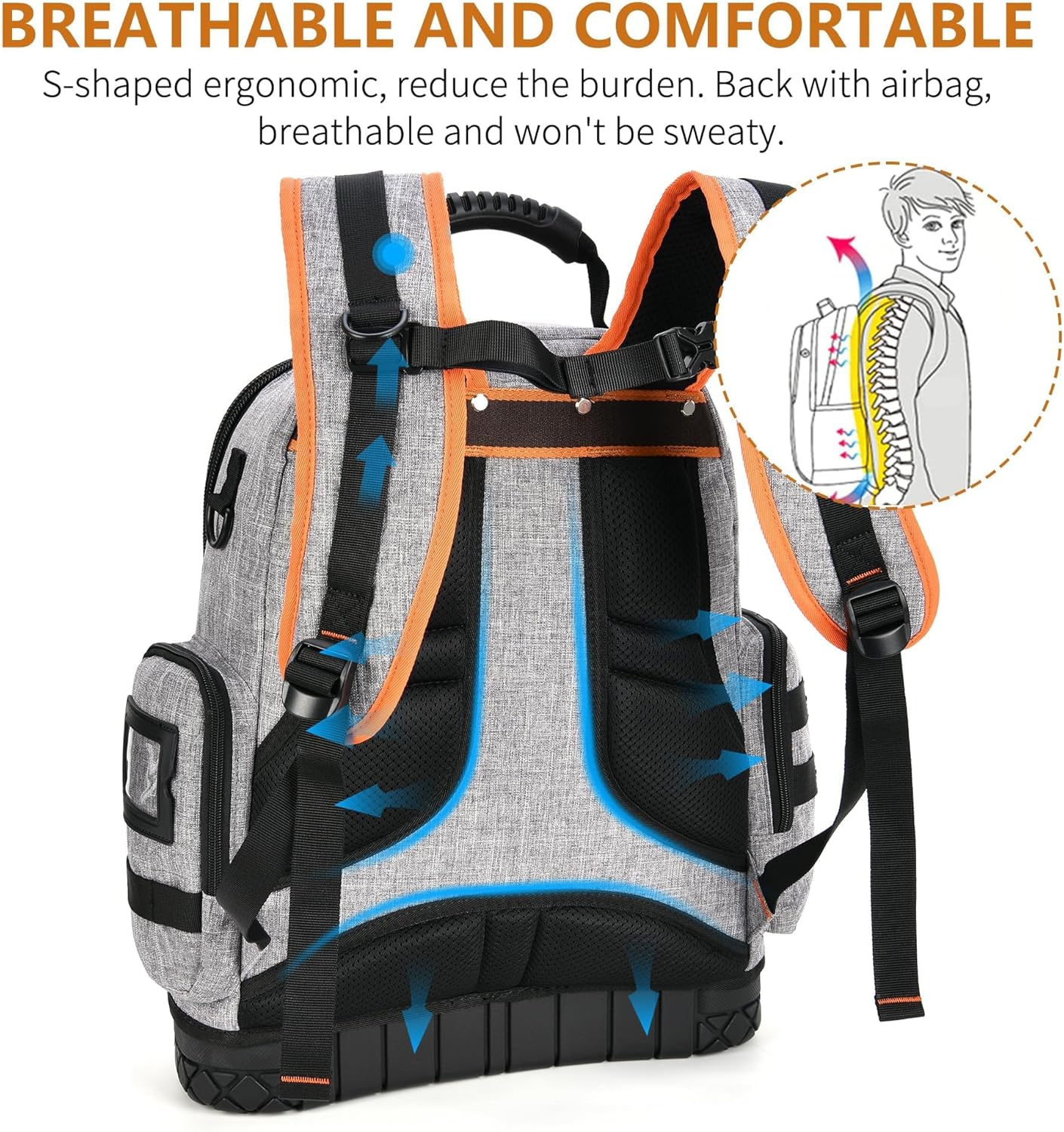 Tool Backpack Bag, Durable Electrician Backpack Tool Bag for HVAC with Waterproof Molded Base, Construction Work Heavy Duty Tools Organizer Bags with Combination Lock Large - Gray
