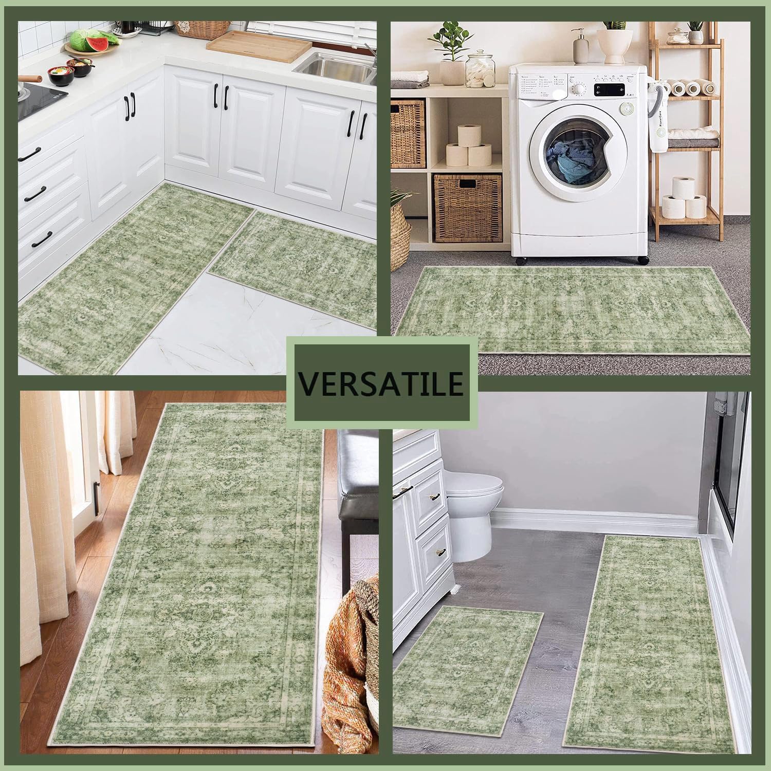 Cekene Tapis de couloir vintage antidérapant et lavable, absorbant style bohème pour cuisine, chambre à coucher, entrée, buanderie (vert, 50 x 80 cm + 50 x 120 cm)
