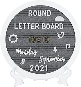 G GAMIT Round Felt Letter Board Message Sign - 10x10 inches Message Board with 465 Changeable White&Golden Letters,Numbers,Cursive Words and Stand for Party,Baby Announcement,Wedding,Pregnancy,Wall&Tabletop Decor (Gray)