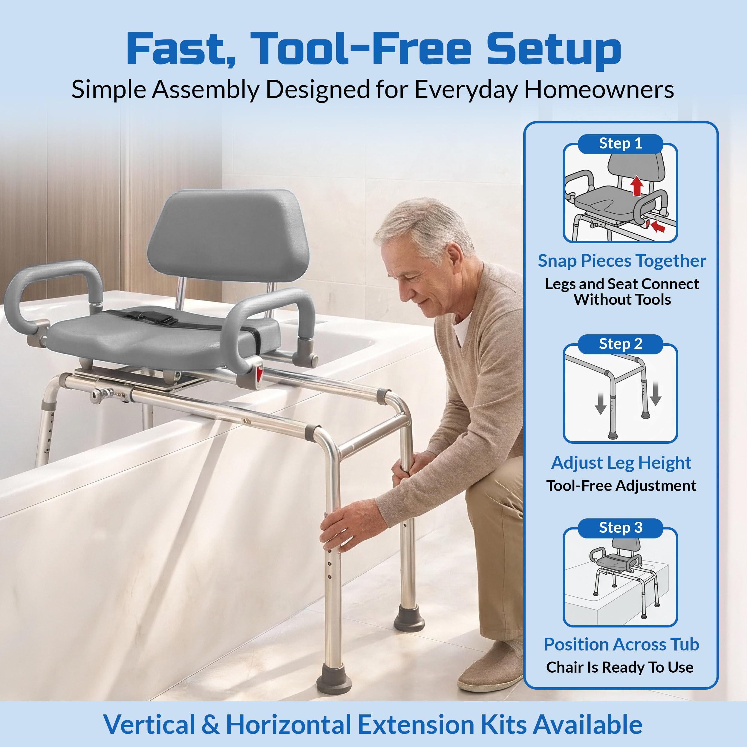 Banco de Transferencia Deslizante de carrusel con Asiento Giratorio. Silla de baño y Ducha Acolchada Brazos pivotantes. Diseño de Ahorro de Espacio para bañeras y duchas.