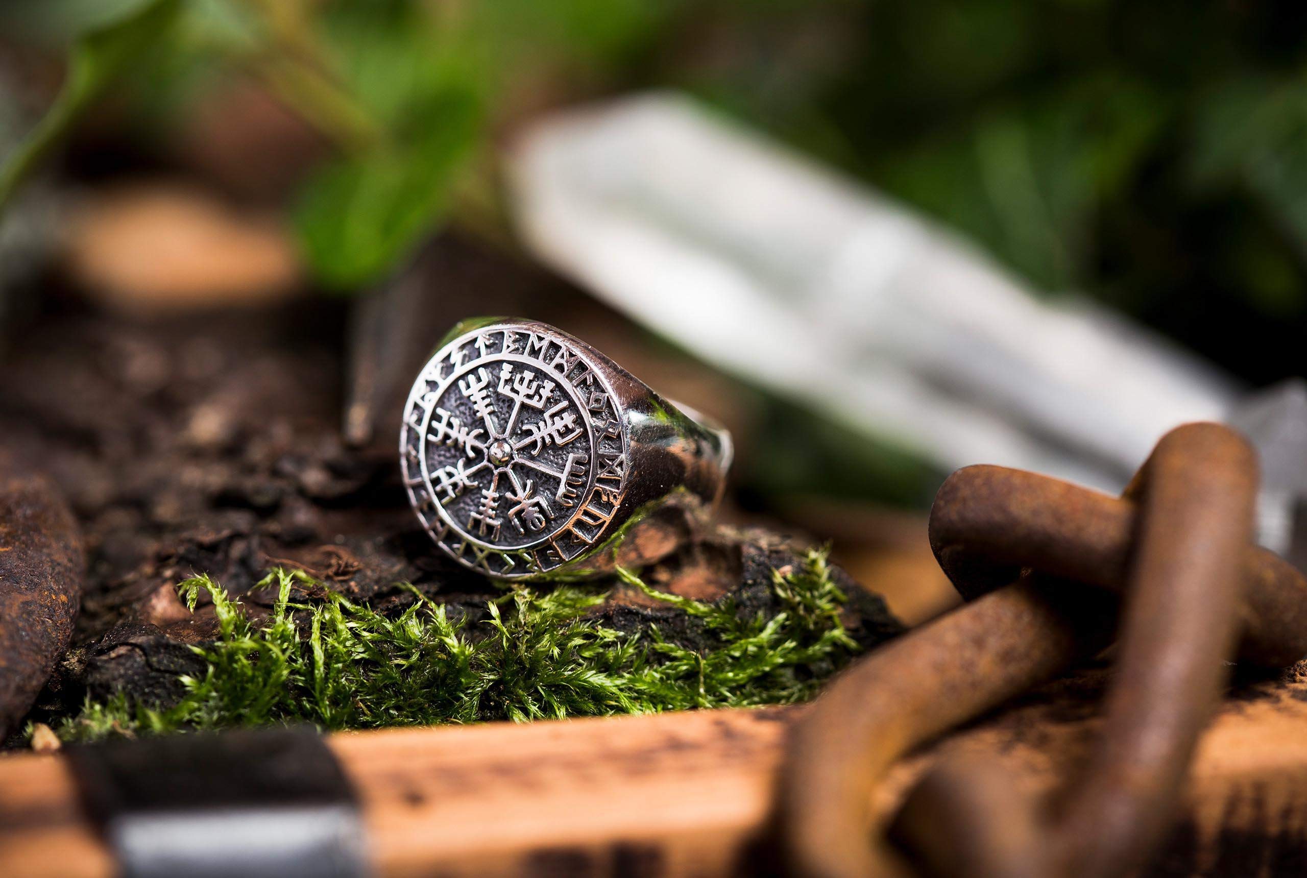 Windalf 925 Sterlingsilber Runen Vikings Ring VEGVISIR 18 mm Wikinger Kompass Siegelring