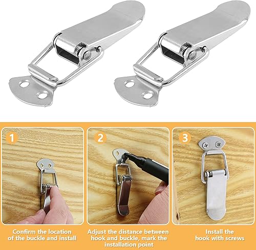 Miniatura 4 de Waziaqoc Paquete de 4 pestillos de palanca de acero inoxidable con resorte, clip de abrazadera con tornillos para cajas de pecho, caja de