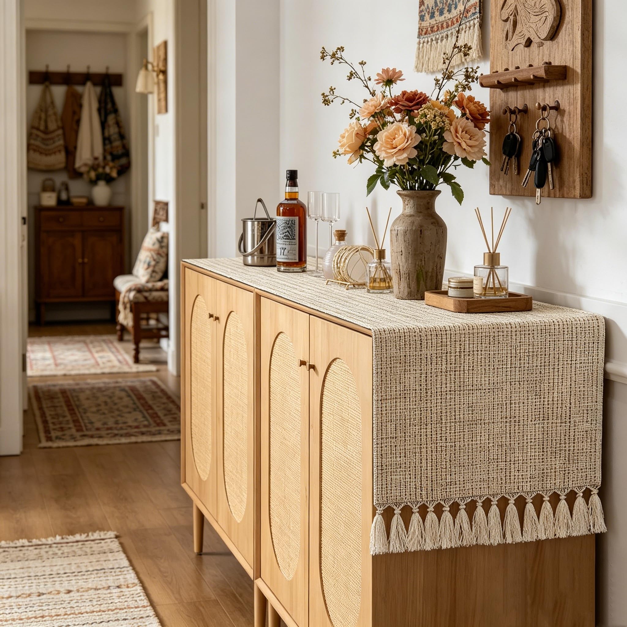 Sofevaim Boho Table Runner 13x72 Inch, Cotton Linen Woven Dresser Runner with Tassels for Farmhouse Bedroom Dresser Top Coffee Table TV Stand, Beige Rustic Home Decor : Home & Kitchen