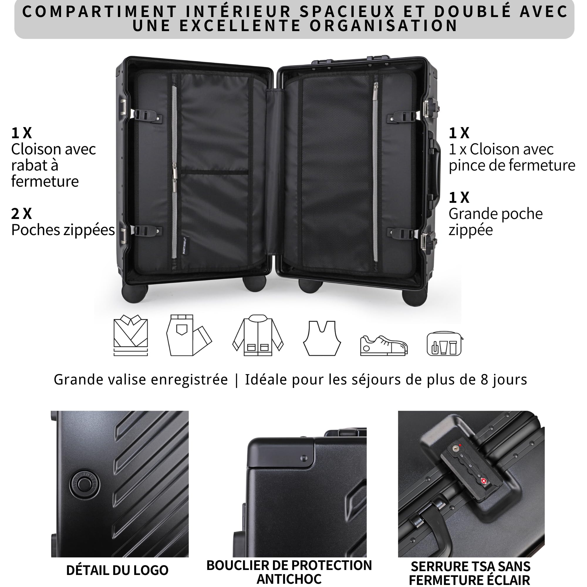 JLY Valise Rigide 28 Pouces en Polycarbonate 100% – sans Fermeture Éclair, Double Serrure TSA, Cadre Aluminium, 4 Roues Pivotantes – Bagage de Soute Gris Kaki (Gris, L (75cm 86L))