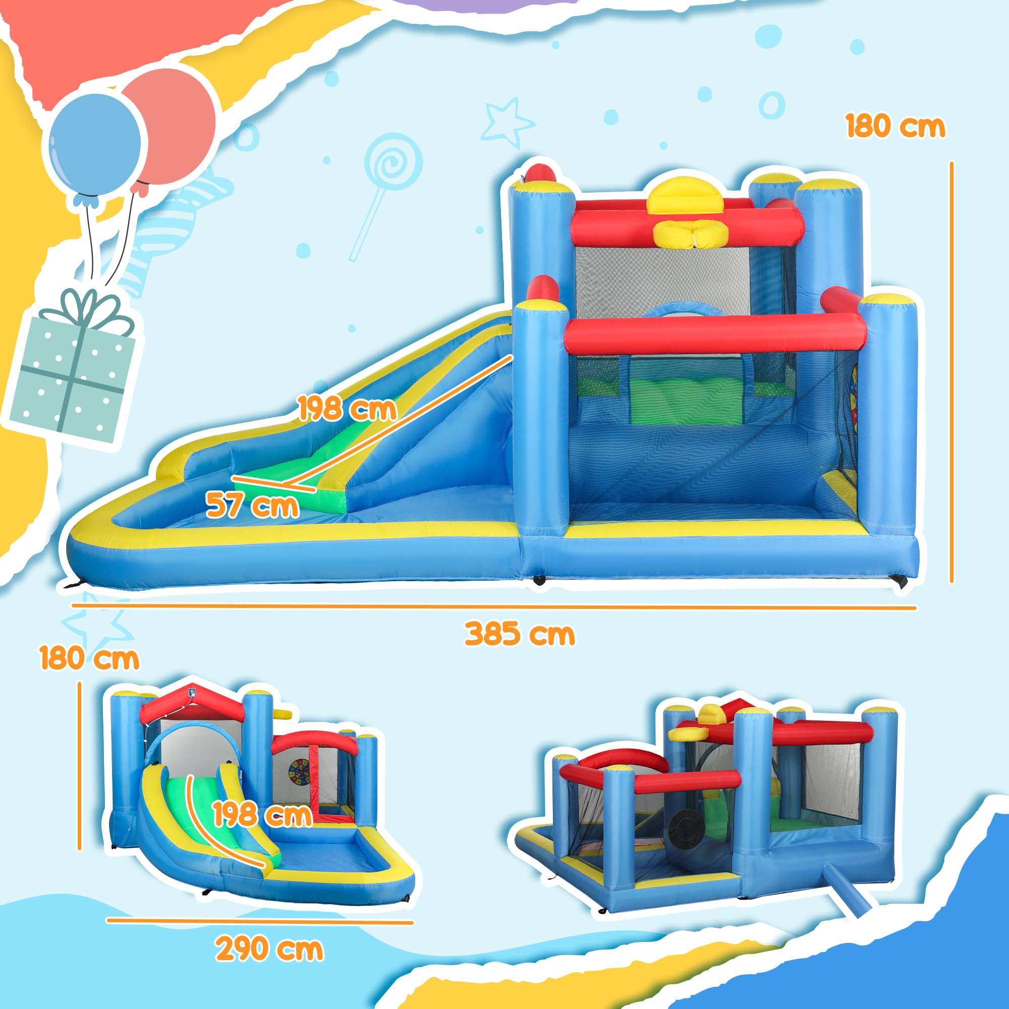AIYAPLAY Castillo Hinchable con Soplador 5 en 1 Parque Acuático Hinchable para Niños con Tobogán Piscina Diana y Canasta para Exterior Interior 385x290x180 cm