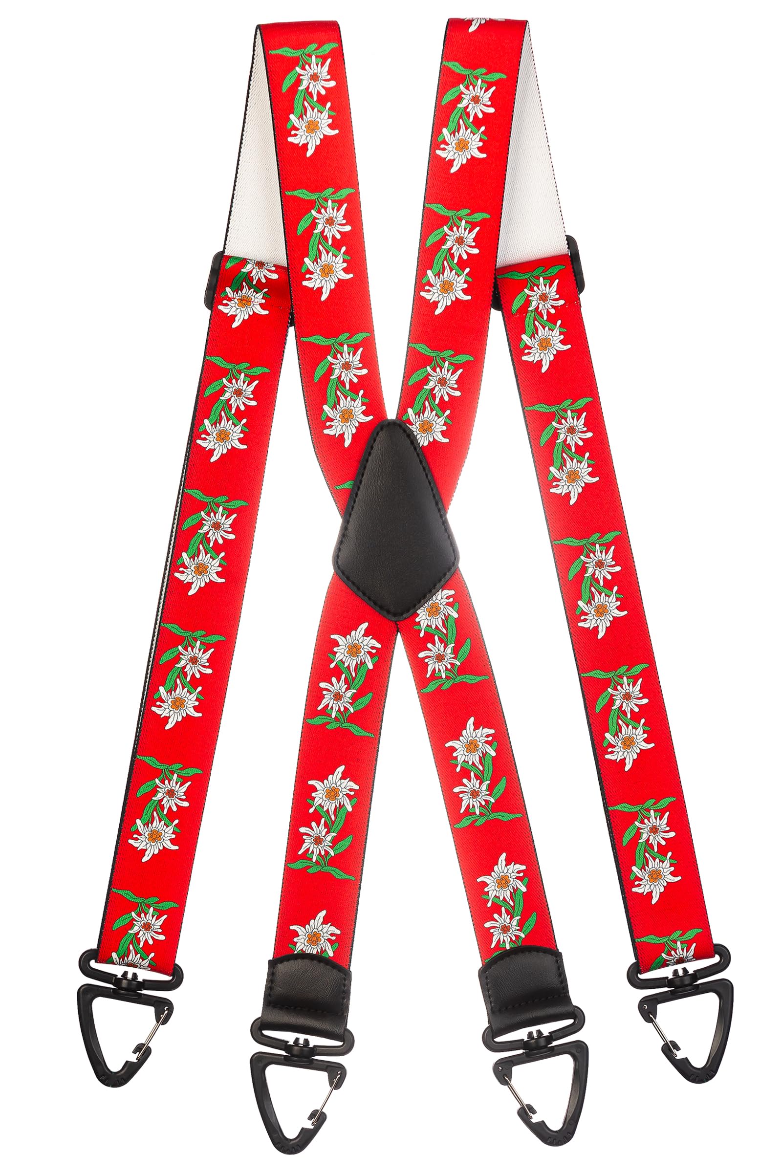 Olata Heavy Duty X-Shape Braces/Suspenders with Edelweiss Pattern and Plastic Carabiner Clips - 4cm. Red