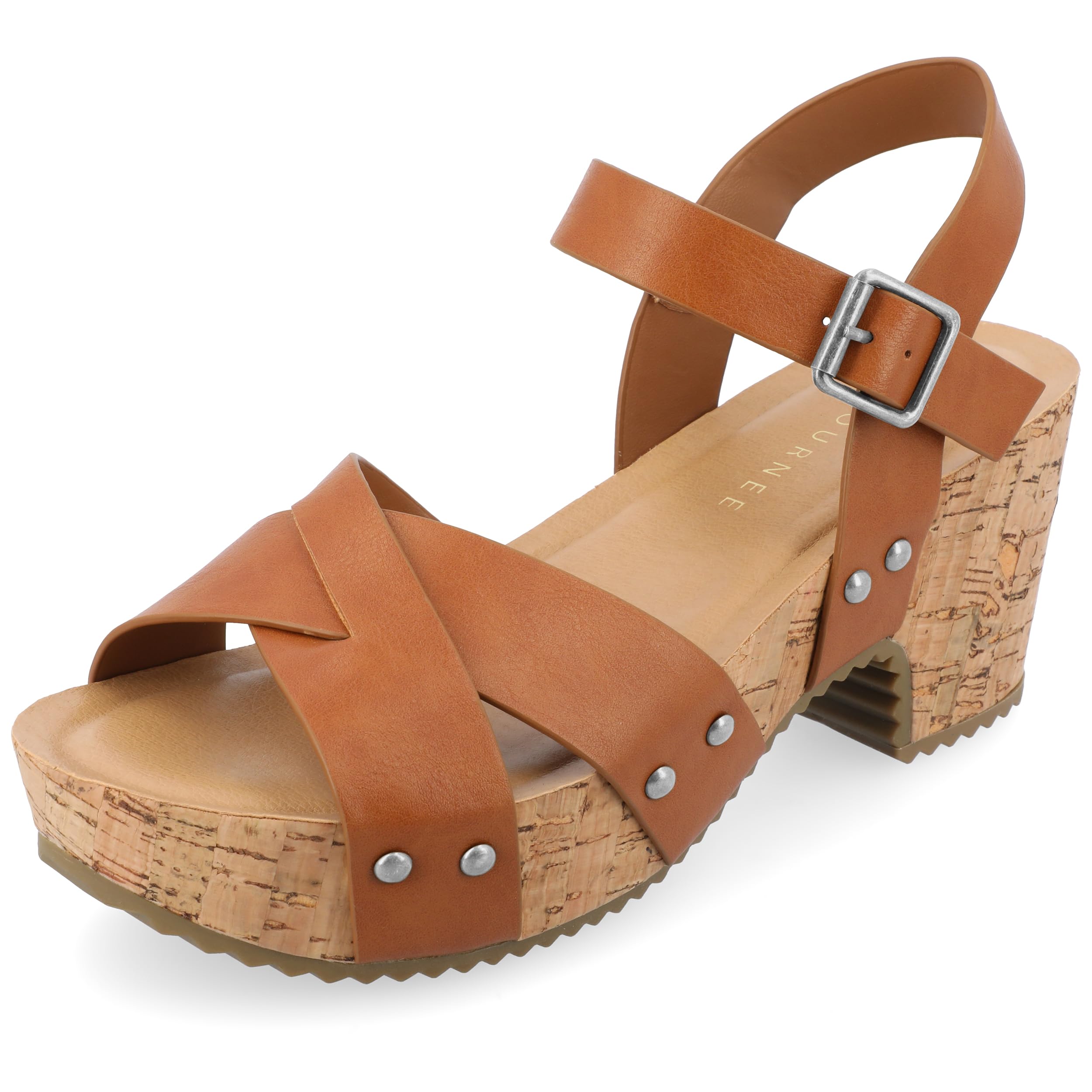 Journee Womens Crisscross Studded Chunky Block Cork Heel Buckle Ankle Strap Open Round Toe Valentina Platform