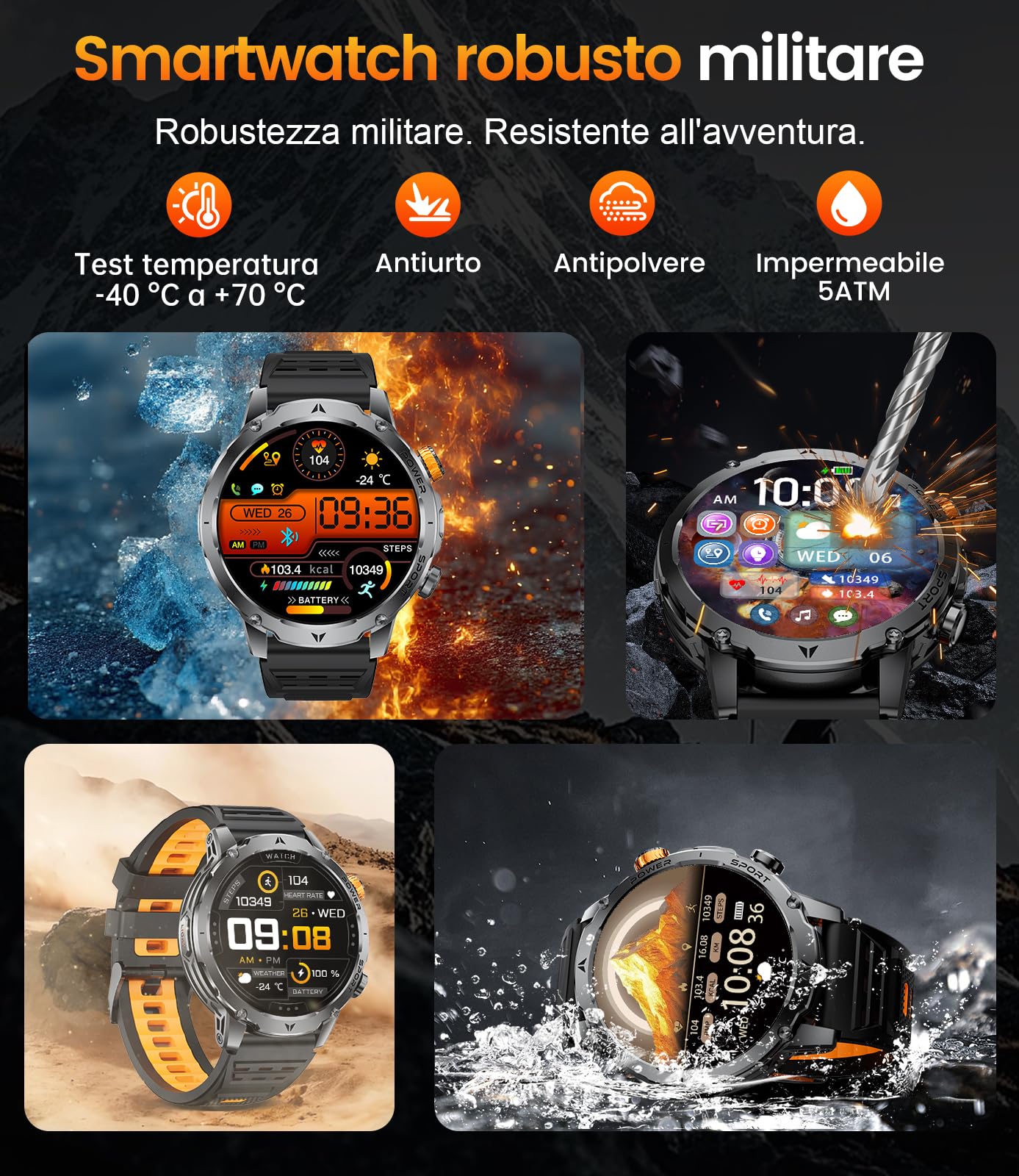 EF24 Smartwatch Uomo Militare con Torcia LED, Batteria 1000mAh, 1,85” HD Fitness Tracker, 100 Modalità Sportive, IP68 Impermeabile, 3 Cinturini, Compatibile Android e iOS, Nero
