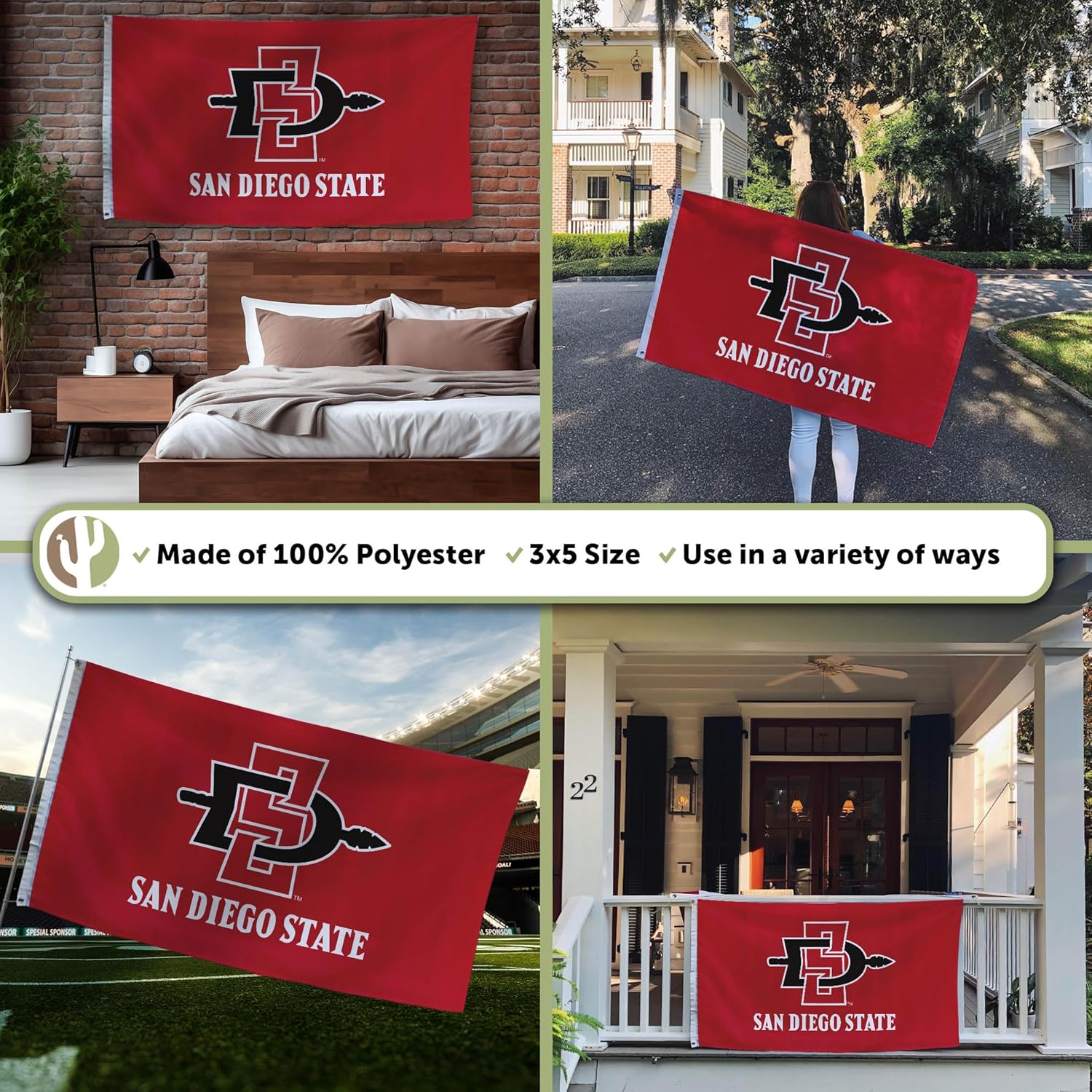 Desert Cactus San Diego State University SDSU Flag - 3 x 5 Feet Aztecs Banner, Indoor/Outdoor Durable Fabric, 100% Polyester Design (Style 1) - Image 3