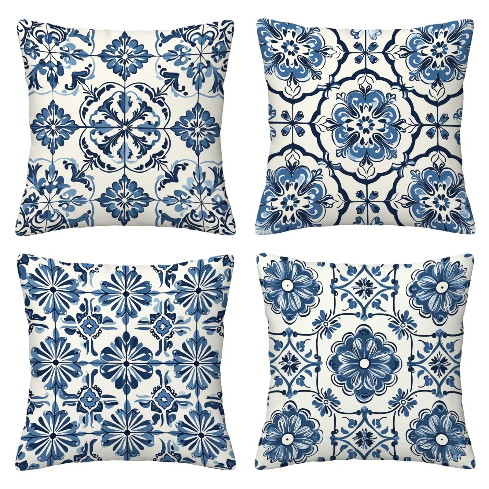 Juego de 4 Funda de Cojín Exterior Impermeable, 55x55 cm Fundas Cojínes Azules de Lino, Exterior Impermeable Lino Cojín Boho Decorativo, Fundas de Almohada para Patio Balcón Jardín Sofá Oficina I-69