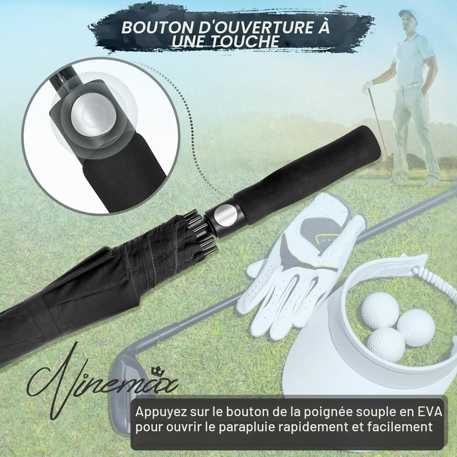 NINEMAX Grand Parapluie Golf, Ombrelle Grande Taille Anti Vent Solide