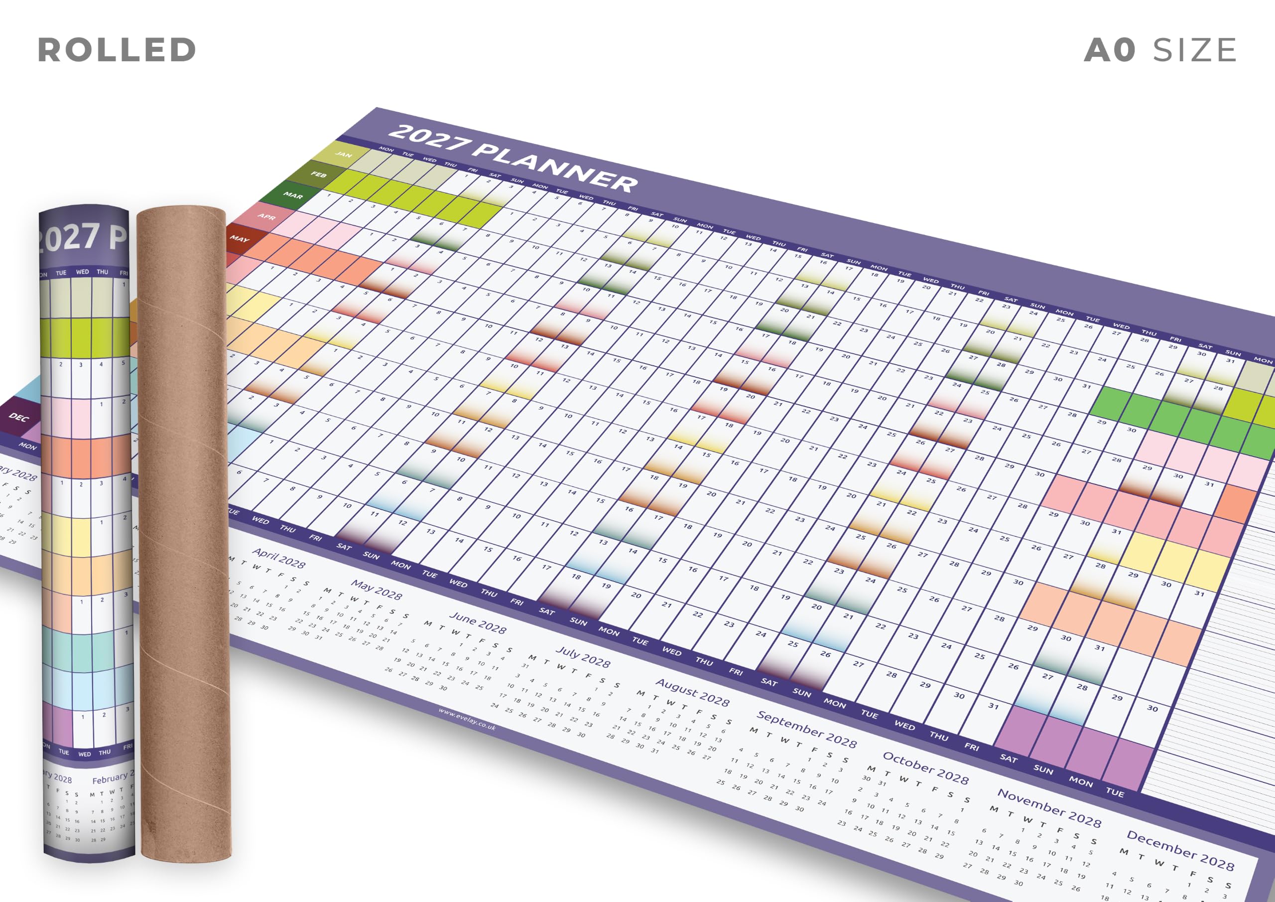 Kalender 2025, A0, großes Format (84 x 118 cm), gerollter Jahres-Wandplaner, doppelseitig, rotes und Regenbogen-Design auf jeder Seite, ganzes Jahr für das Heimbüro