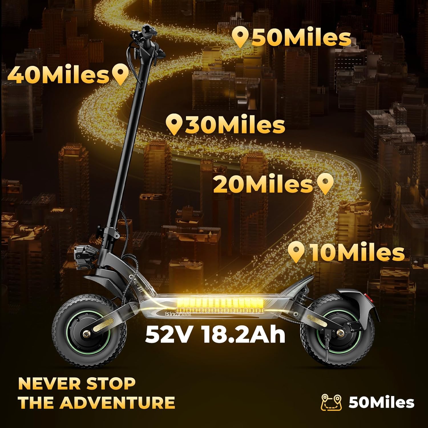 isinwheel GT1 Electric Scooter Adults, 28/45 MPH Top Speed, 28/50Miles Range, 800/2400W Motor, 330LBS Load, Off-Road Scooter for Adults with Turn Signal