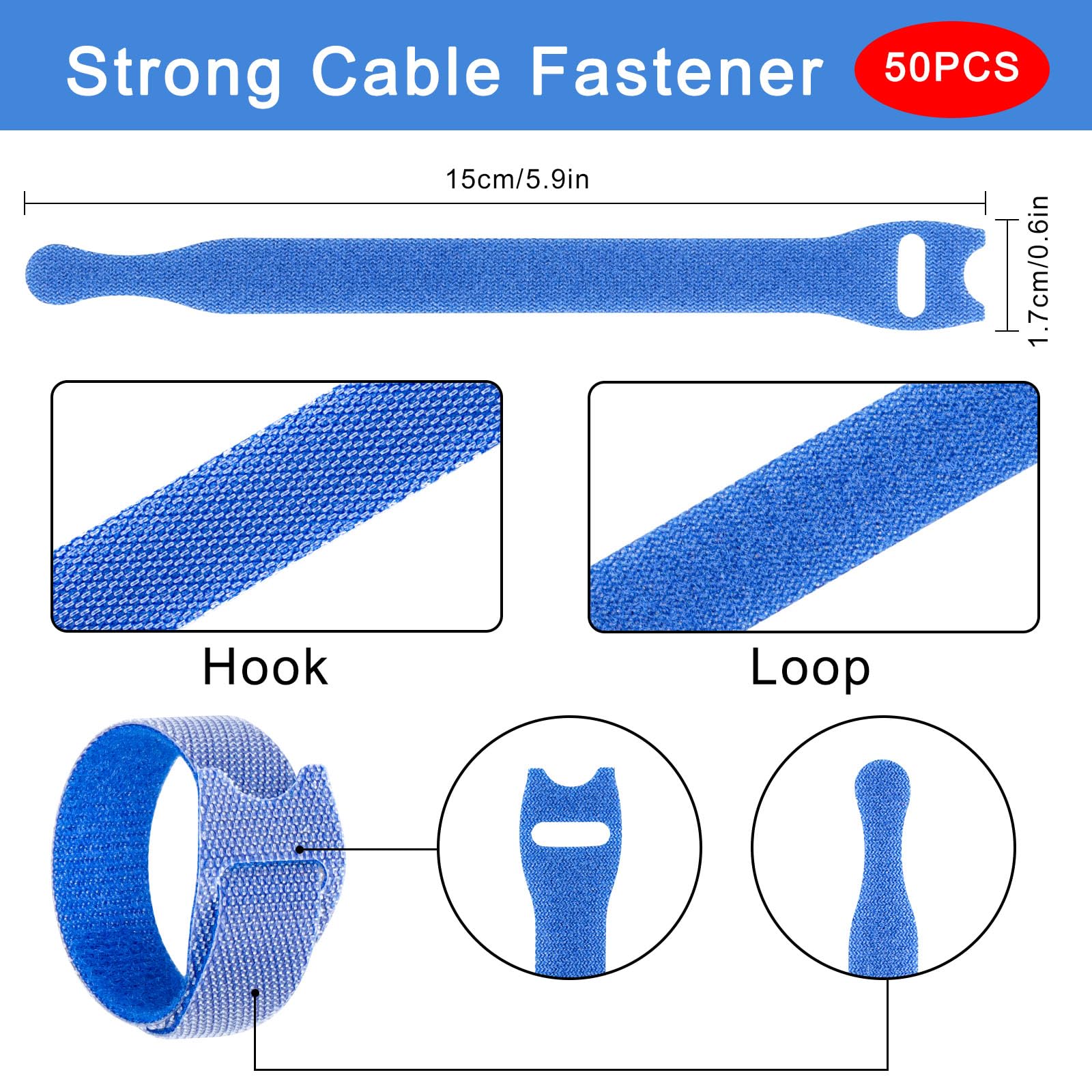 50 pezzi Fascette Cavi, 150 x 12 mm Colore Fascette Riutilizzabili Nylon Regolabili con Gancio e Anello, Fascette per Cavi, Cable Management, Organizer