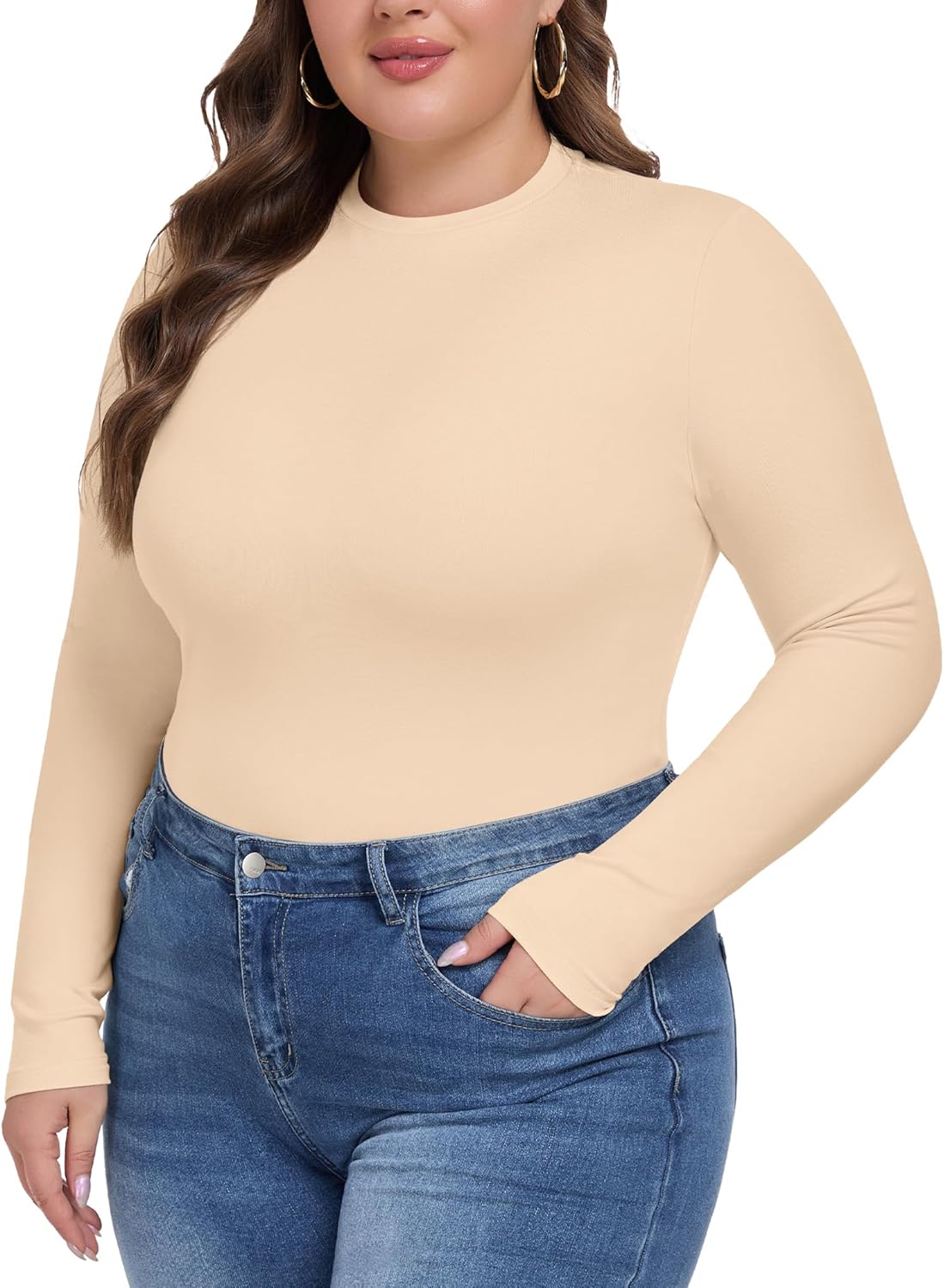 COOTRY Women's Plus Size Long Sleeve Shirts Crew Neck Slim Fitted Basic Tops Fall Clothes