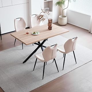 Mesa de Comedor con 4 Sillas, Juego de Comedor, Mesa de Comedor Rectangular de Madera de 140 * 78 * 77 cm, 4 Sillas con Respaldo Alto, Patas de Metal Negro, 4 Sillas Beige