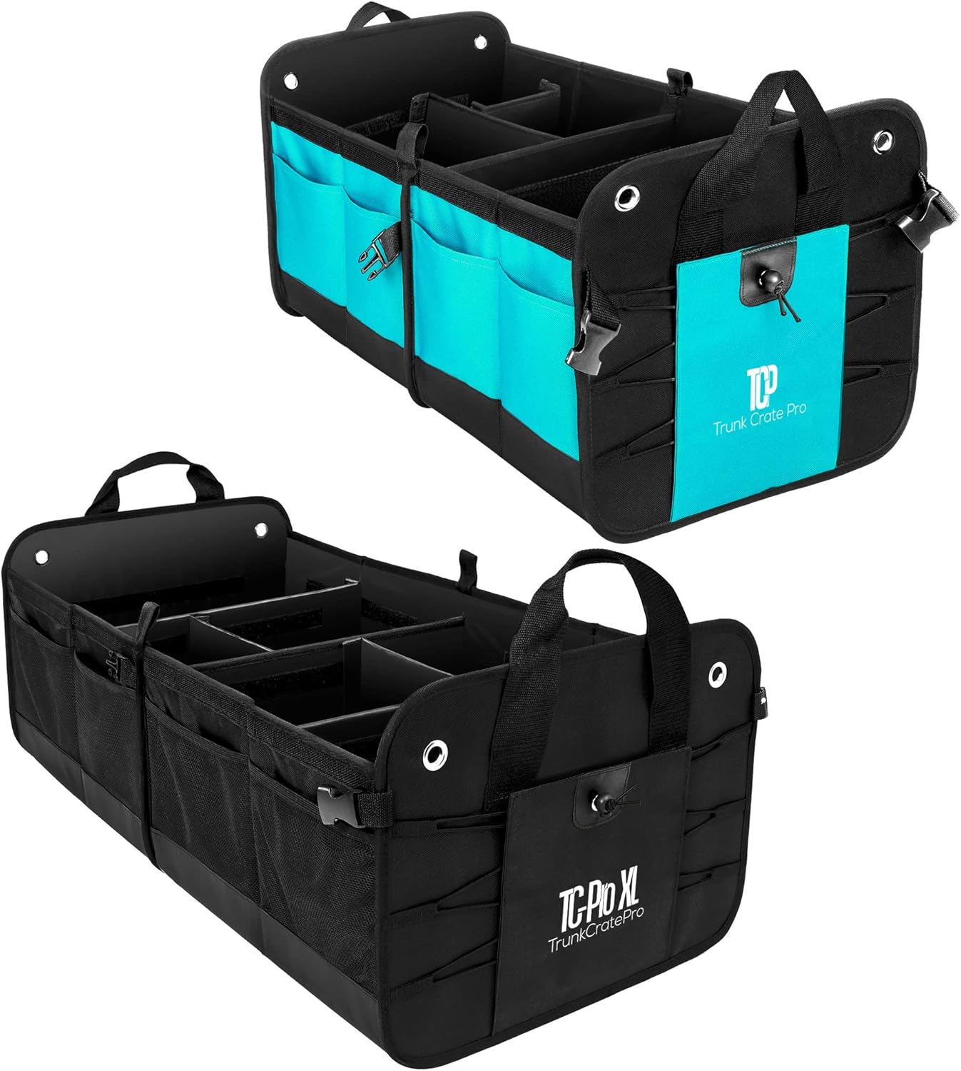TRUNKCRATEPRO Save 15 per cent off bundle of 2 collapsible portable multi compartments suv trunk organizer for men and women (XL Black, Regular Cyan)
