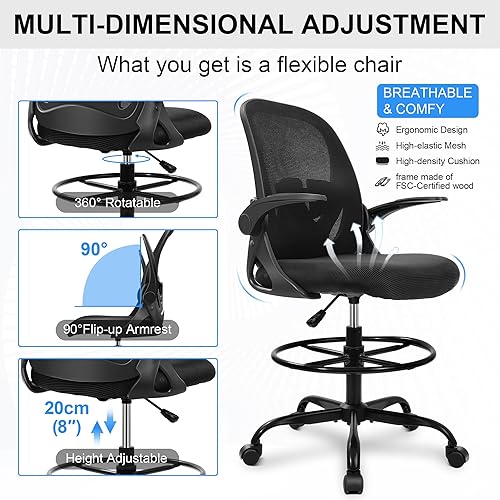 Miniatura 7 de Primy Silla de oficina alta con reposabrazos abatibles, silla de escritorio ergonómica ejecutiva con soporte lumbar y anillo ajustable para