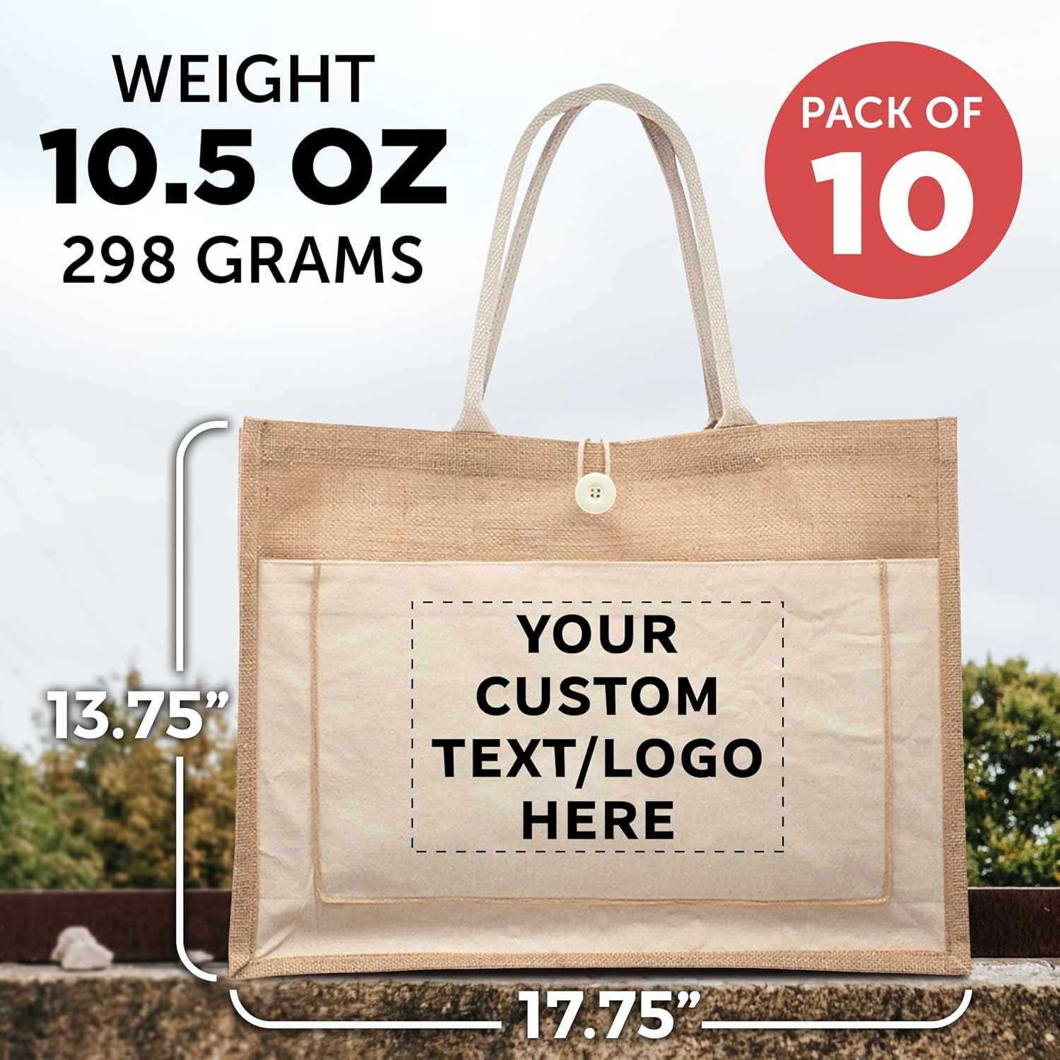 DISCOUNT PROMOS Custom Jute Tote Bags with Cotton Pocket Set of 10, Personalized Bulk Pack - Reusable, Great for Picnic, Camping, Beach, Outdoor Activities - Natural - Image 5