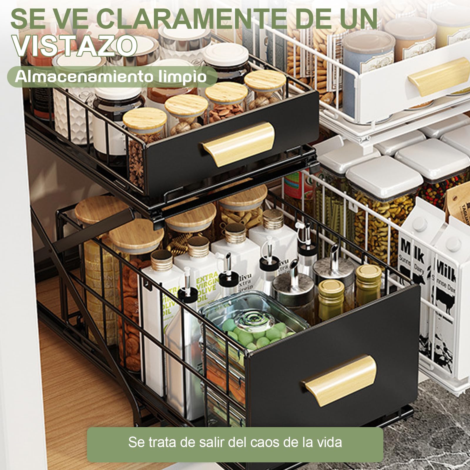 Organizador Bajo Fregadero 2 Niveles Metal Deslizable Negro | Estante de almacenamiento debajo del fregadero para cocina y baño, altura ajustable (40 x 26 x 39 cm)