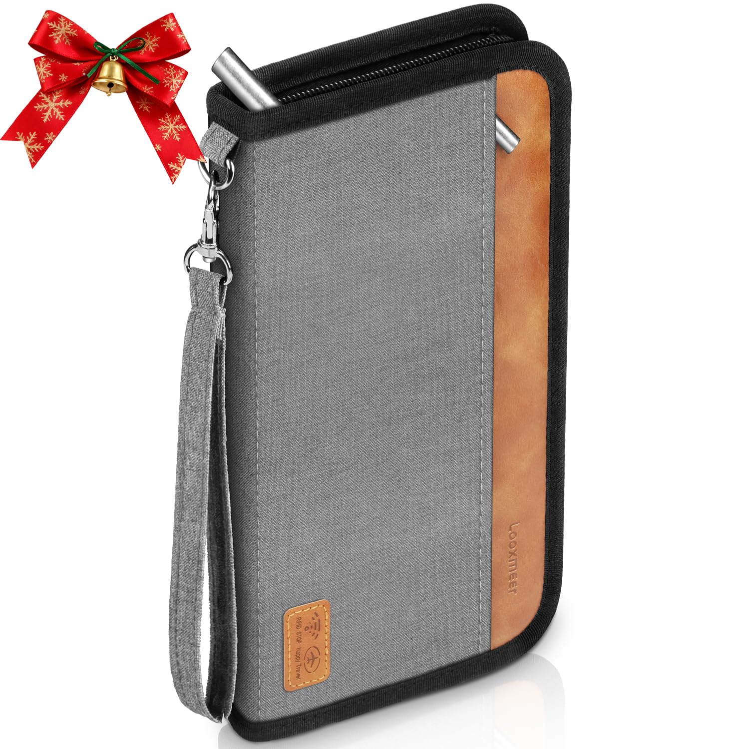 Looxmeer Reisepass Tasche Familie Reiseorganizer mit RFID-Blocker, Tragbare Reisepasshülle Ausweistasche für Damen und Herren, Grau und Braun