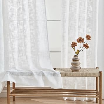 Simplebrand White Light Filtering Sheer Curtains 84 Inches Long 2 Panels for Living Room Bedroom, Soft Thick Faux Linen Textured Back Tab Rod Pocket Farmhouse Sliding Door Curtains Sheer, 42 x 84 Inch