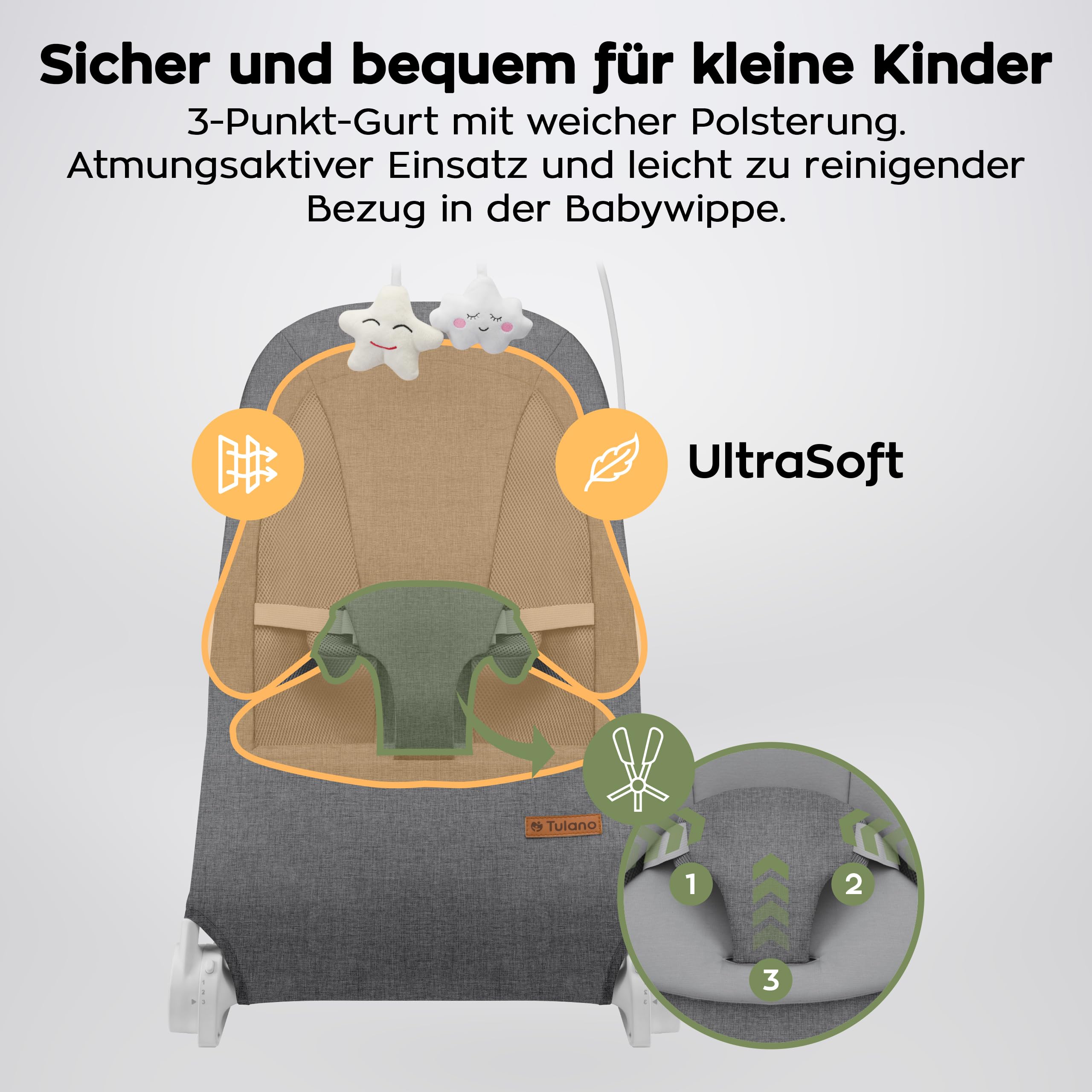 Tulano Moon 50 Babywippe – Babyschaukel mit Spielbogen Baby – 4 Positionen | Baby Wippe ab Geburt – natürliches Wippen – 3-Punkt-Gurt – UltraSoft-Matratze – Bezug waschbar – faltbar – Grau