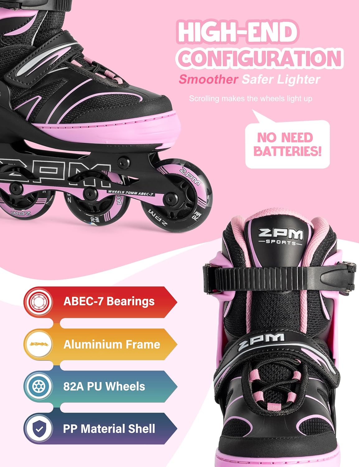 2PM SPORTS Kids Adjustable Inline Skates Ages 4-12, Youth Inline Skates for Girls Boys 5-8 8-12 with Full Light Up Wheels, Beginner Women Adult Skates - Image 3