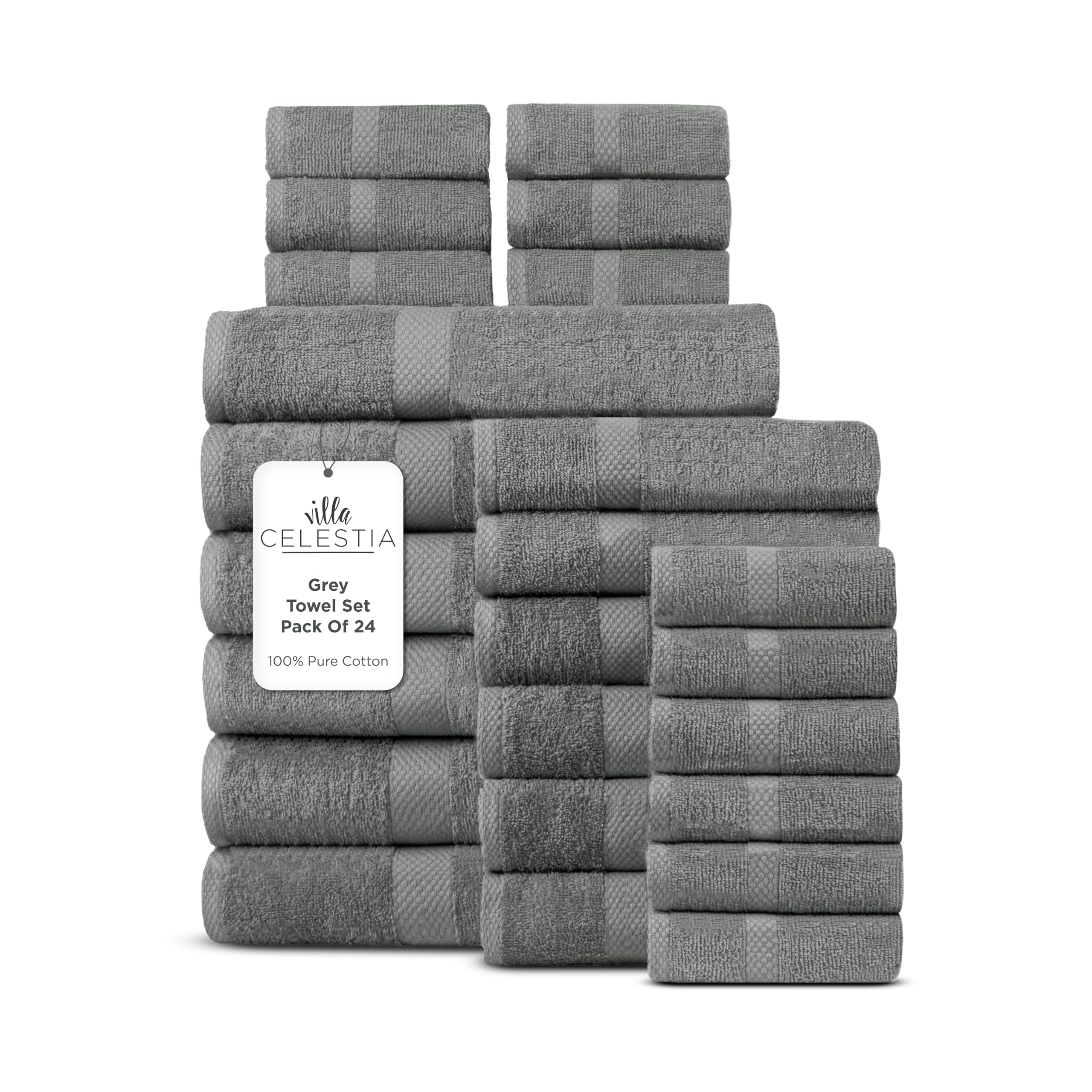 Villa Celestia 24-Piece 100% Cotton Towel Set, 6 Bath Towels, 6 Hand Towels, 12 Wash Cloth, Quick-Dry, Grey