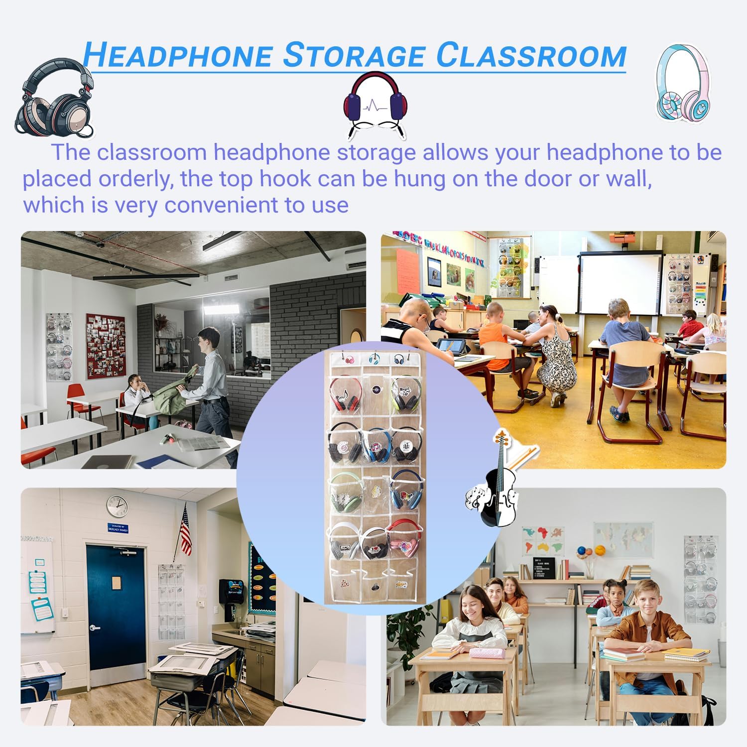 2 Pack Headphone Storage Classroom, Over The Door Hanging Headphone Holder for Classroom with 30 PVC Clear Pocket Chart, Cell Phones Calculators Organizer