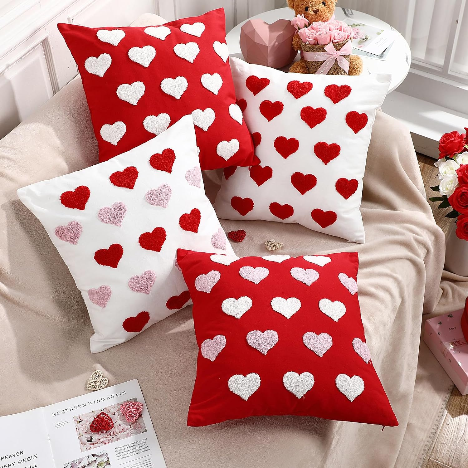 Colingmill 4 Pcs Valentines Heart Pillow Covers 18'' x 18'' Love Heart Pillow Cushion Case Valentine Decorative Cases Decoration for Sofa Home Decor(Romantic Color)