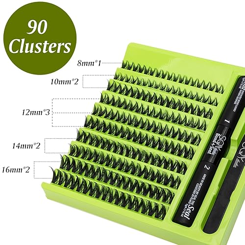 Miniatura 2 de SQYlashes Kit de extensiones de pestañas, racimos de pestañas individuales con unión de pestañas y sello, 90 unidades, rizo D, kit de pestañas