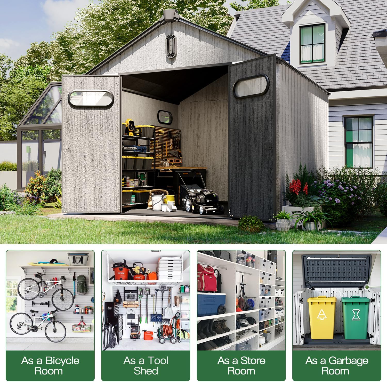 10’ x 8’ Outdoor Resin Storage Shed with Lockable Door, Durable Garden Tool Shed for Backyard, Patio & Lawn Storage, Gray Color