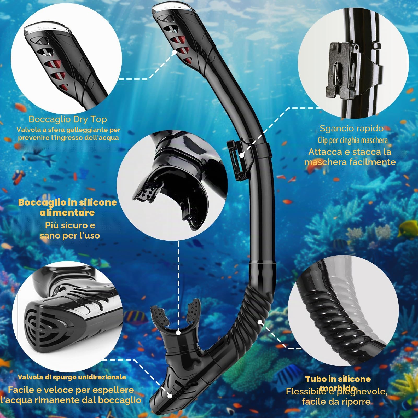 Maschera Snorkeling Adulto Antiappannante Panoramica 180° Set con Boccaglio