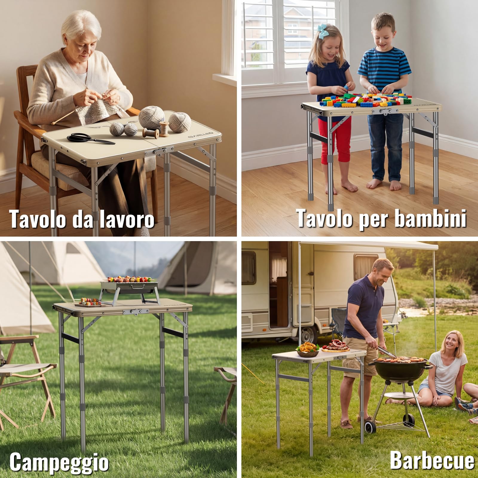 GARLLEN Tavolino da Campeggio Pieghevole,58x40 cm,Piano in Plastica-Bianco | 3 Altezze Regolabili(26/48/70cm),Leggero e Portatile,Tavolo Multifunzionale per Pesca Barbecue Balcone/Portata Massima 30KG