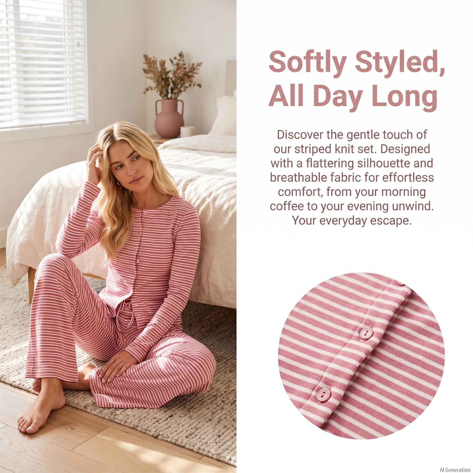 Generisch Zweiteiliges gestreiftes Loungewear-Set für Damen mit Knopfleiste